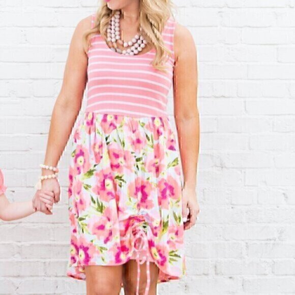 MATILDA JANE Macaron Dress Coral Pink Striped Floral Mixed Media Tie Fit & Flare - Picture 1 of 14